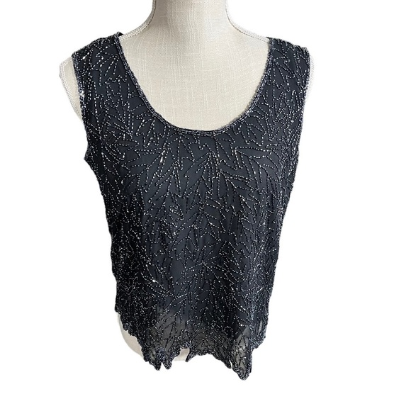 JKARA New York Top Sz Large Beaded Blouse Sleeveless Scallop Black Contrast NWT - Picture 1 of 14